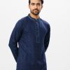 Blue semi-fitted Panjabi in Jacquard Cotton fabric. Designed with minimal karchupi on the collar and placket.