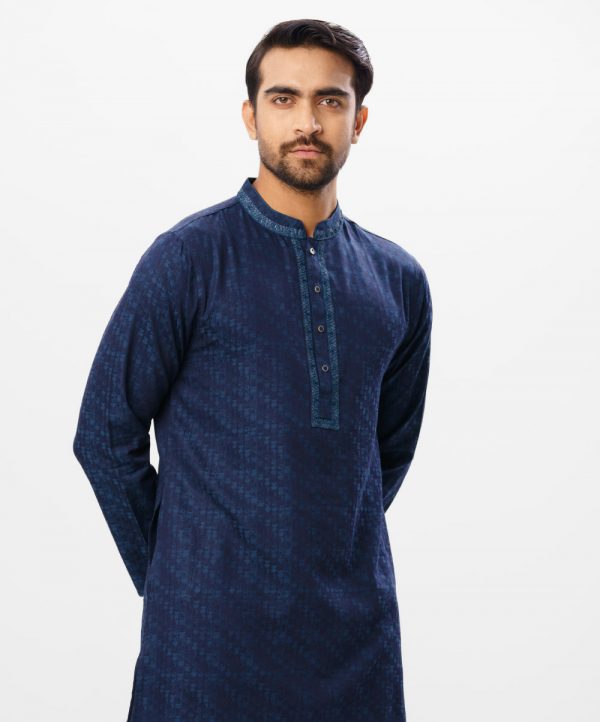 Blue semi-fitted Panjabi in Jacquard Cotton fabric. Designed with minimal karchupi on the collar and placket.