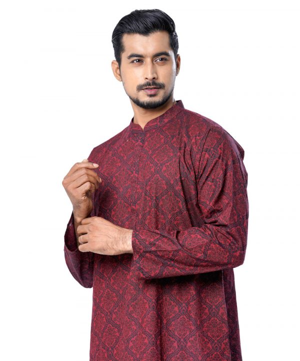 Maroon semi-fitted Panjabi in printed Cotton fabric. Designed with a mandarin collar and hidden button placket.