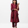 Maroon all-over printed Salwar Kameez in Crepe fabric. The Kameez is designed with a round neck and bell sleeves. Detailed with pin tucks and pearls attached at the front. Lace attachment at the front and back. Gathers from the waistline. Complemented by culottes pants and chiffon dupatta.