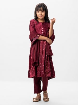 Maroon all-over printed Salwar Kameez in Crepe fabric. The Kameez is designed with a round neck and bell sleeves. Detailed with pin tucks and pearls attached at the front. Lace attachment at the front and back. Gathers from the waistline. Complemented by culottes pants and chiffon dupatta.