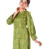 Green all-over printed straight-cut Kameez in Crepe fabric. Designed with a boat neck and bishop sleeves. Embellished with karchupi at the top front. Unlined.