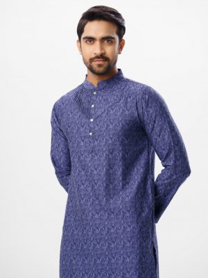 Blue semi fitted Panjabi in Jacquard Cotton fabric. Designed with a mandarin collar and matching metal button on the placket. Embellished with pin tucks at the top front.