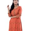Brick orange all-over printed Straight-cut Kameez in Viscose fabric. Features a round neck and three-quarter sleeves. Embellished with karchupi at the top front and cuffs.