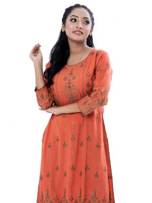 Brick orange all-over printed Straight-cut Kameez in Viscose fabric. Features a round neck and three-quarter sleeves. Embellished with karchupi at the top front and cuffs.