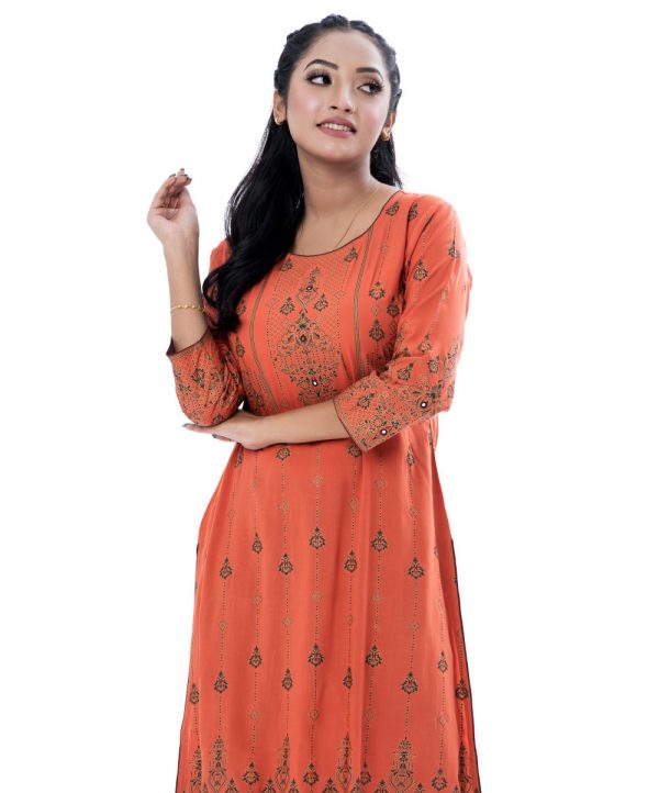 Brick orange all-over printed Straight-cut Kameez in Viscose fabric. Features a round neck and three-quarter sleeves. Embellished with karchupi at the top front and cuffs.