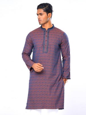 Blue fitted Panjabi in Jacquard Cotton fabric. Embellished with embroidery on the collar and placket. Matching metal button fastening on the chest.