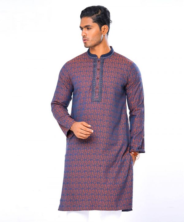 Blue fitted Panjabi in Jacquard Cotton fabric. Embellished with embroidery on the collar and placket. Matching metal button fastening on the chest.
