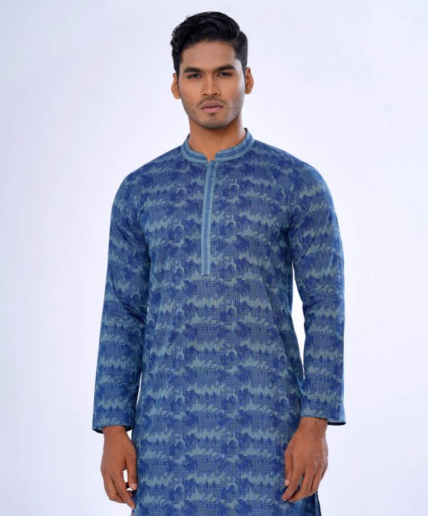 Blue fitted Panjabi in printed Cotton fabric. Designed with swing stitches on the collar and hidden button placket.