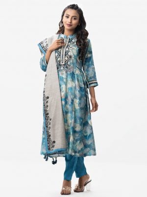 Exclusive viscose blended salwar kameez from Nargisus by Le Reve. Floral printed, mandarin collar, three quarter sleeves, embroidery and tie-cord design at both sides waist.