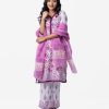 Floral printed straight salwar kameez in viscose fabric. Patch work on neck, placket, sleeves and bottom. Half-silk dupatta with palazzo pants.