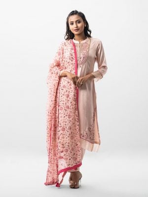 Exclusive salwar kameez set in silk & viscose blended fabric from Nargisus by Le Reve. Quarter sleeved, band neck and karchupi at front. Muslin dupatta with pant-style pajamas.