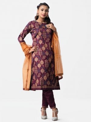 Floral printed straight salwar kameez in crepe fabric. Three quarter sleeved, boat neck and karchupi with mirror at front. Muslin dupatta with pant-style pajamas.