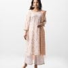 Printed straight salwar kameez in viscose fabric. Three quarter sleeved, boat neck and embroidery. Half-silk dupatta with palazzo pants.