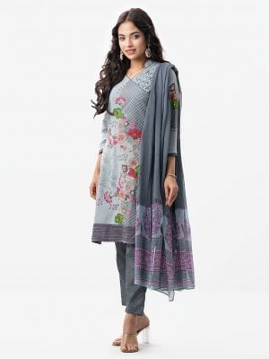 Design Georgette Printed straight salwar kameez. Three quarter sleeved and karchupi work. Chiffon dupatta with crepe pant-style pajamas.
