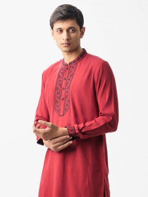 Men's kabli set in viscose fabric. Embroidery at front and inseam side pockets with pajamas.