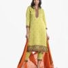 Women's printed straight kameez in crepe fabric. Shawl collar, quarter sleeved. Karchupi at the front. Half-silk dupatta with crepe culottes pant.