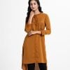A-line women's shirt in stripe design georgette fabric. Full sleeved, stand collar with metal buttons front opening. Floral print detail with karchupi work at front.