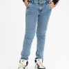 Kid boys pant in denim fabric. Five pockets and a zipper fly with a metal button.