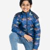 Kids boys dinosaur printed jacket in taffeta fabric. Funnel neck with the hoodie and drawstring cord . front opening zipper and two pockets.