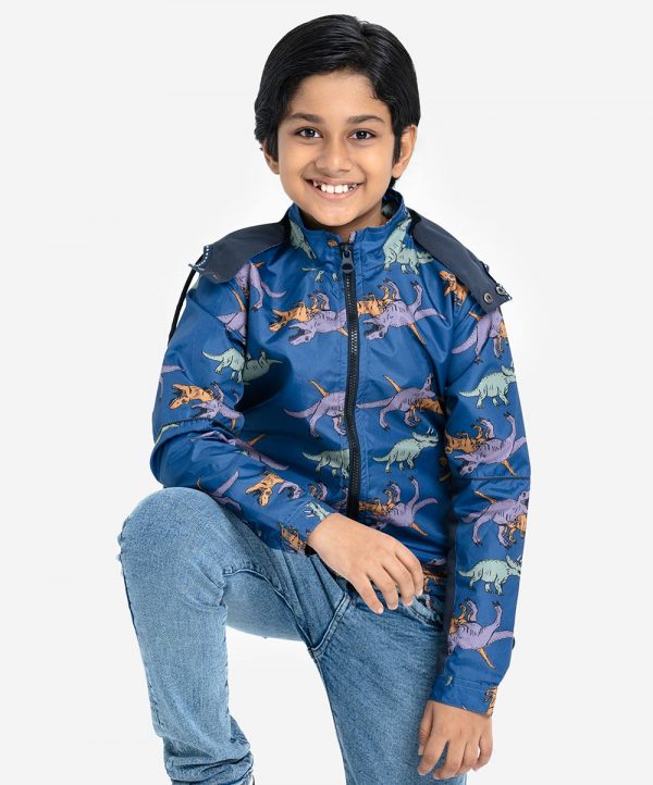 Kids boys dinosaur printed jacket in taffeta fabric. Funnel neck with the hoodie and drawstring cord . front opening zipper and two pockets.