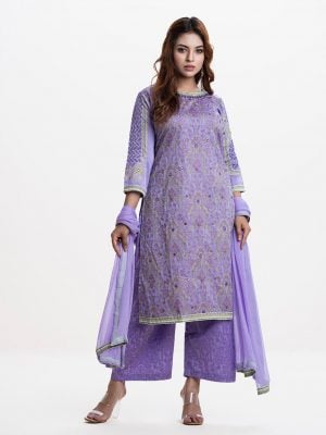 Women's printed straight salwar kameez in crepe fabric. Round neck, three-quarter sleeved. Allover embroidery. Chiffon dupatta with crepe palazzo pant.