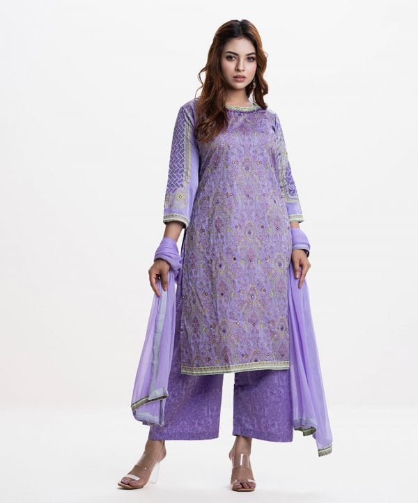 Women's printed straight salwar kameez in crepe fabric. Round neck, three-quarter sleeved. Allover embroidery. Chiffon dupatta with crepe palazzo pant.