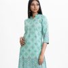 Women's printed long straight kameez in georgette fabric., v-neck with frill trim, three-quarter sleeved. karchupi at the front.