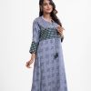 Printed elongated hem kameez in crepe fabric. Band neck with tassel tie placket. Karchupi at front and sleeves.