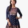 Women's ethnic floral printed A-Line tunic in Georgette fabric. Boat neck, three-quarter sleeves. karchupi at the front.