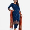 Women's ethnic printed straight salwar kameez in viscose fabric. Round neck, full sleeves and karchupi at the front of the kameez. With a half-silk dupatta and palazzo pants.