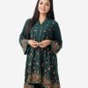Women's floral printed A-line tunic in viscose fabric. V-neck, full-sleeved. Lace and karchupi work at the front and bell sleeves.