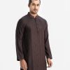 Men's semi fitted panjabi in cotton fabric. Mandarin collar with embroidery work and inseam pockets.