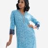 Floral printed straight kameez in crepe fabric. Patch and karchupi at V-neckline. Lace attach at three quarter sleeves and bottom.