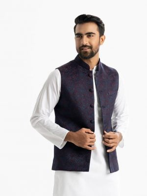 Men's Waistcoat in Jacquard fabric. Mandarin collar, sleeveless, straight hem with button closure and three pockets at front.