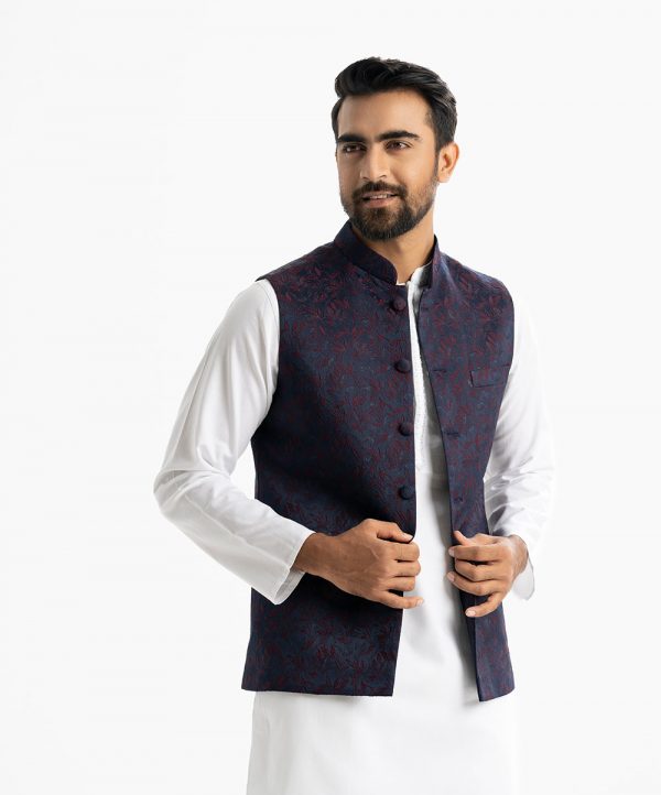 Men's Waistcoat in Jacquard fabric. Mandarin collar, sleeveless, straight hem with button closure and three pockets at front.