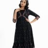 Front single button opening three quater sleeved printed viscose shrug with attach tunic. Patchwork at front and sleeves.