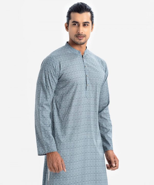 All over printed slim fitted panjabi in cotton fabric. Mandarin collar, full sleeves and inseam pockets.