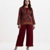 Women's top-bottom set in printed Georgette fabric. Shawl neck, full sleeves. Embroidery, two pockets with button opening at front. Palazzo pants as the bottom.