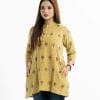 All-over printed A-line woven top in viscose fabric. Stand collar with placket, three-quarter sleeves. Embroidery at front.