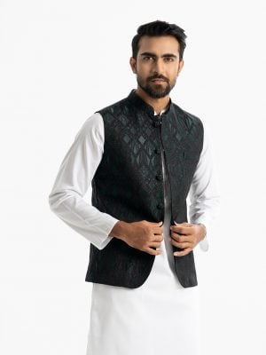 Men's Waistcoat in Jacquard fabric. Mandarin collar, sleeveless, straight hem with button closure and three pockets at front.