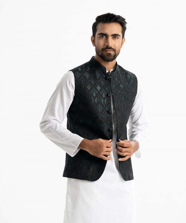 Men's Waistcoat in Jacquard fabric. Mandarin collar, sleeveless, straight hem with button closure and three pockets at front.