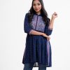 Printed frock style kameez in georgette fabric. Mandarin collar, three quarter sleeves with lace and patch and karchupi at front.