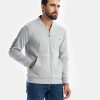 Men's winter solid color slim fitted sweat shirt in French terry fabric. Full sleeves, stand collar. Zipper opening with kangaroo pockets. Reflecting stripes at sleeves.