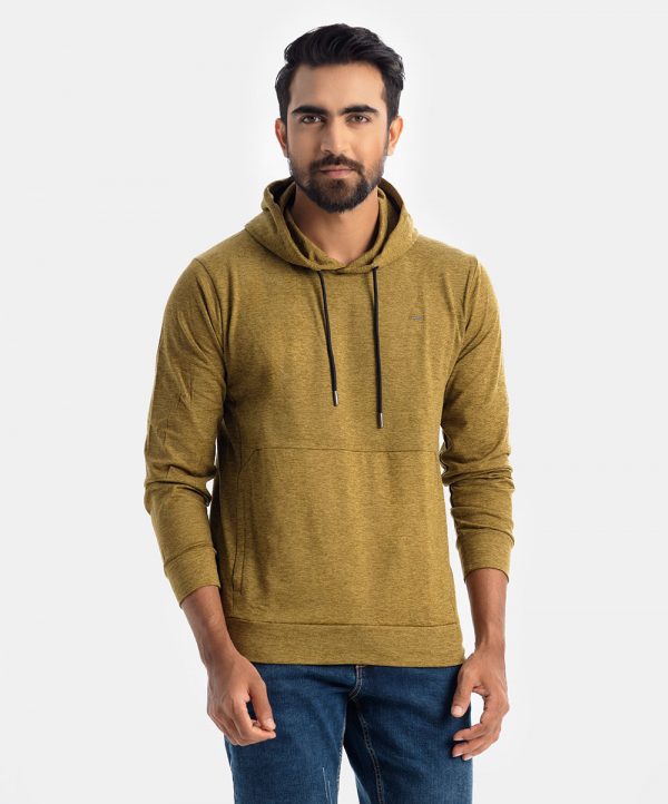 Full-sleeved winter hoodie sweat shirt in stretchable fleece fabric. Adjustable drawstring at hood and front zipper pockets.