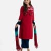 Women's floral printed Salwar Kameez in viscose fabric. Round neck, three-quarter sleeves and karchupi at the front of kameez. Chiffon dupatta with culotte palazzo pants.
