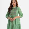 Women's geometric printed frock style long tunic in georgette fabric. Mandarin collar, lantern sleeves. Printed patch at the front.
