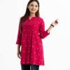 Printed A-line tunic in viscose fabric. Stand collar with button fastening, full-sleeved