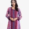 Printed high-low hem style kameez in blended viscose fabric. High neck, full sleeves. Karchupi at the front and sleeves.