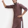 Men's slim fitted panjabi in blended cotton fabric. Mandarin collar, full sleeves. Inseam pockets. Karchupi at front.
